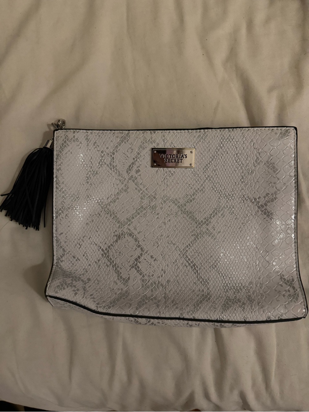 Victoria's Secret White Snake-Print Clutch with Black Tassel